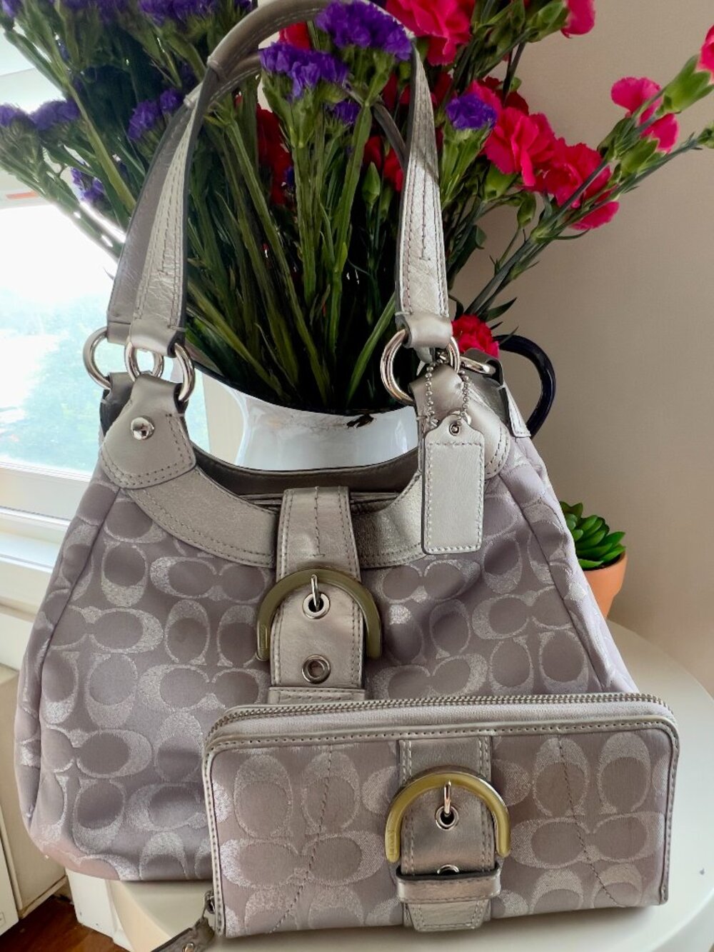 Coach Soho Signature Jacquard gray and silver shoulder bag and wallet set